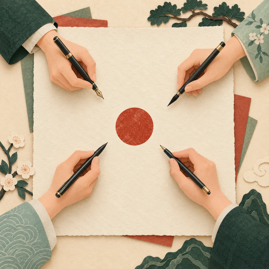 Hands from all sides sign one large sheet with a seal