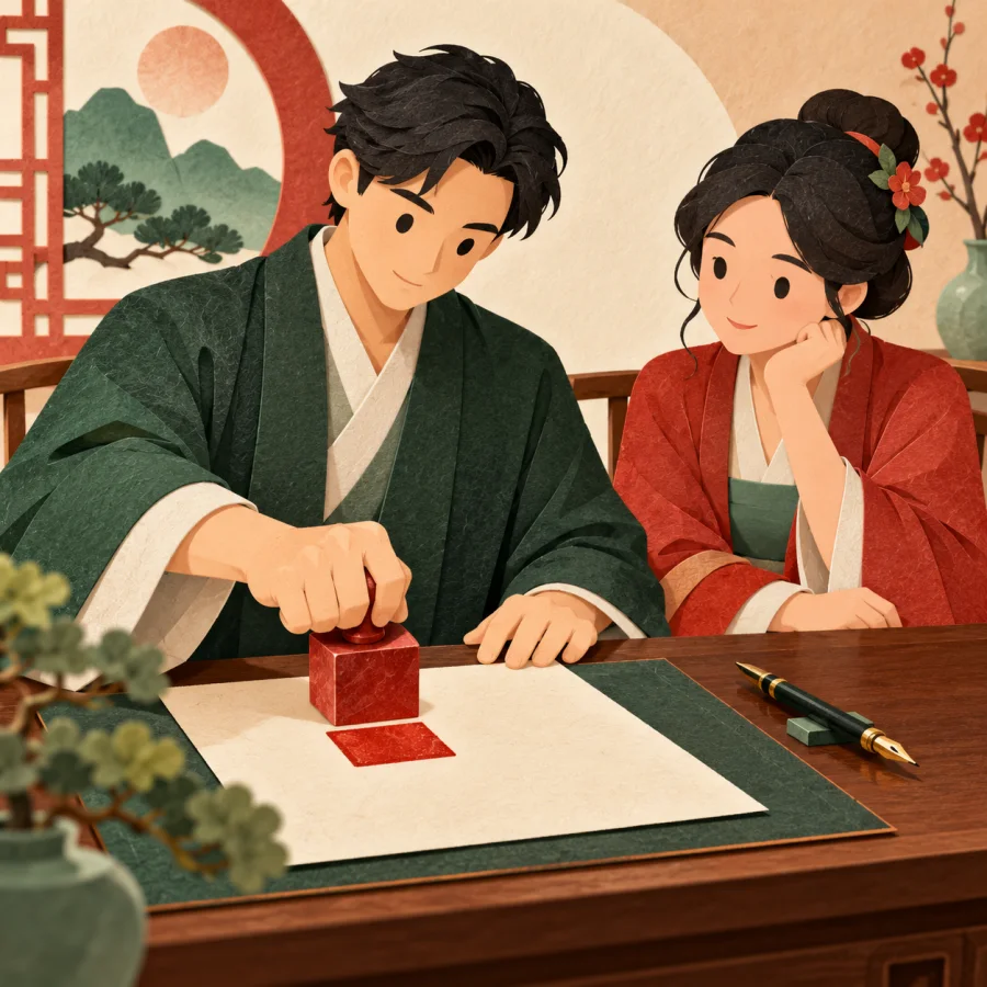 A person stamps a document in red while another watches