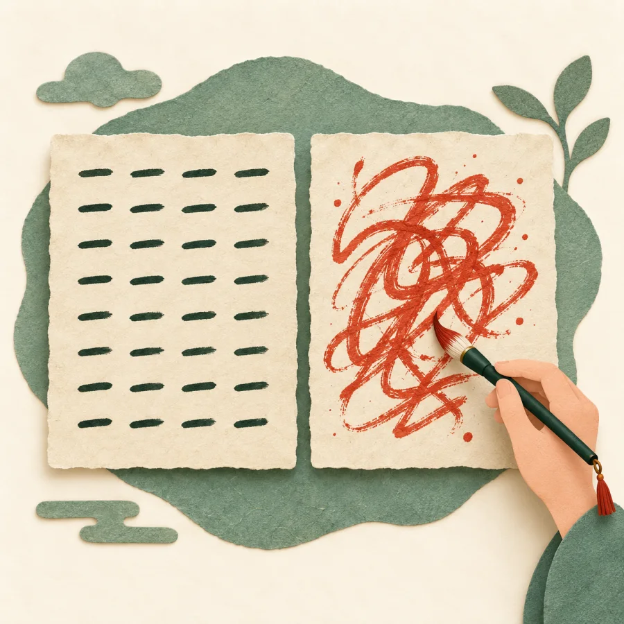 A page of even rows of dashes beside a page of scribbles