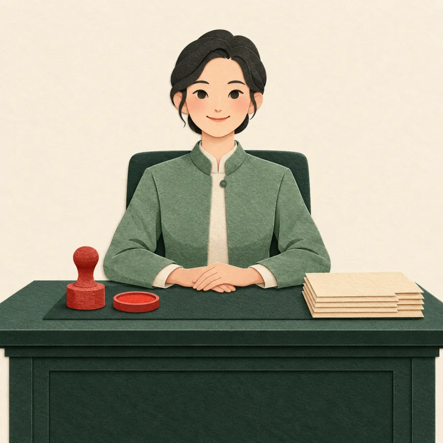 A person in a jacket sits at an office desk with a stamp.