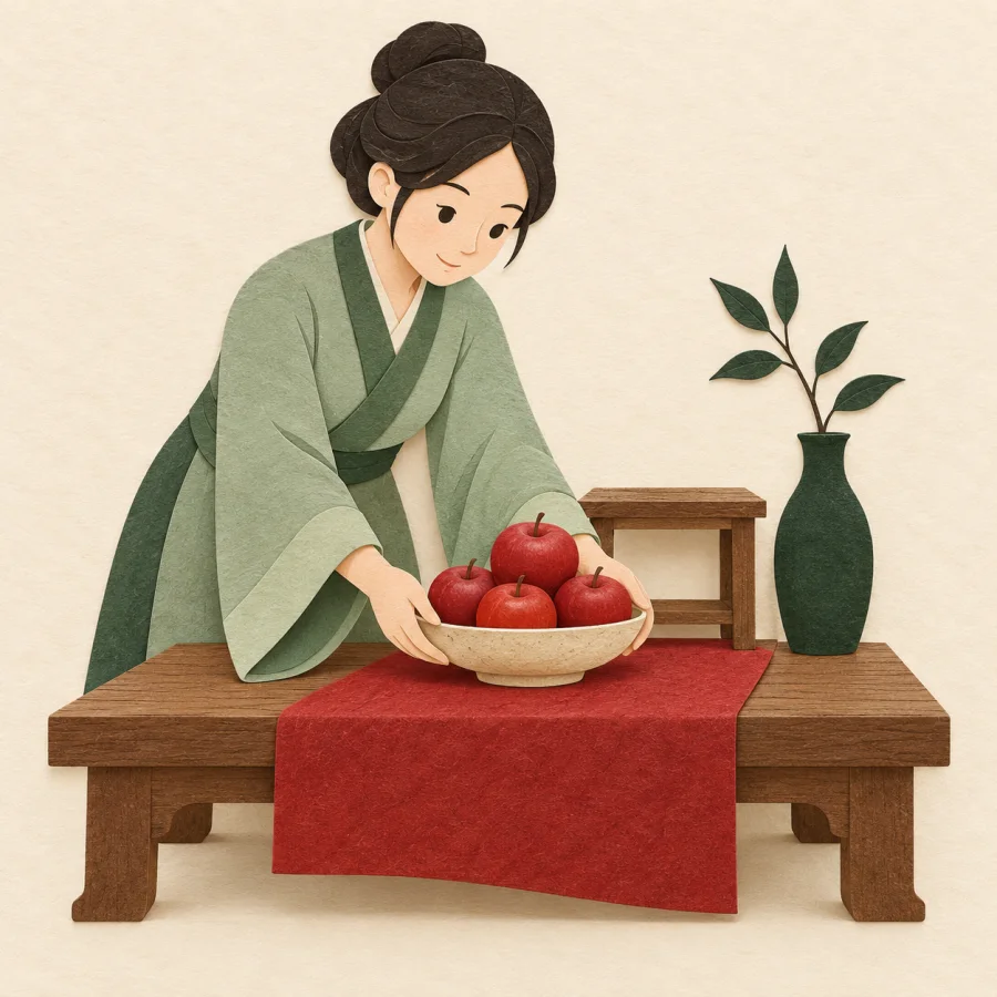 A person places a bowl of apples on a small altar table.