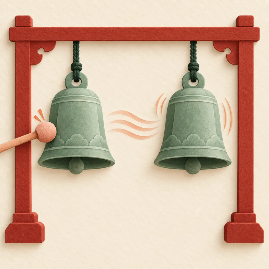 Two matching bells, one struck and the other vibrating with it.