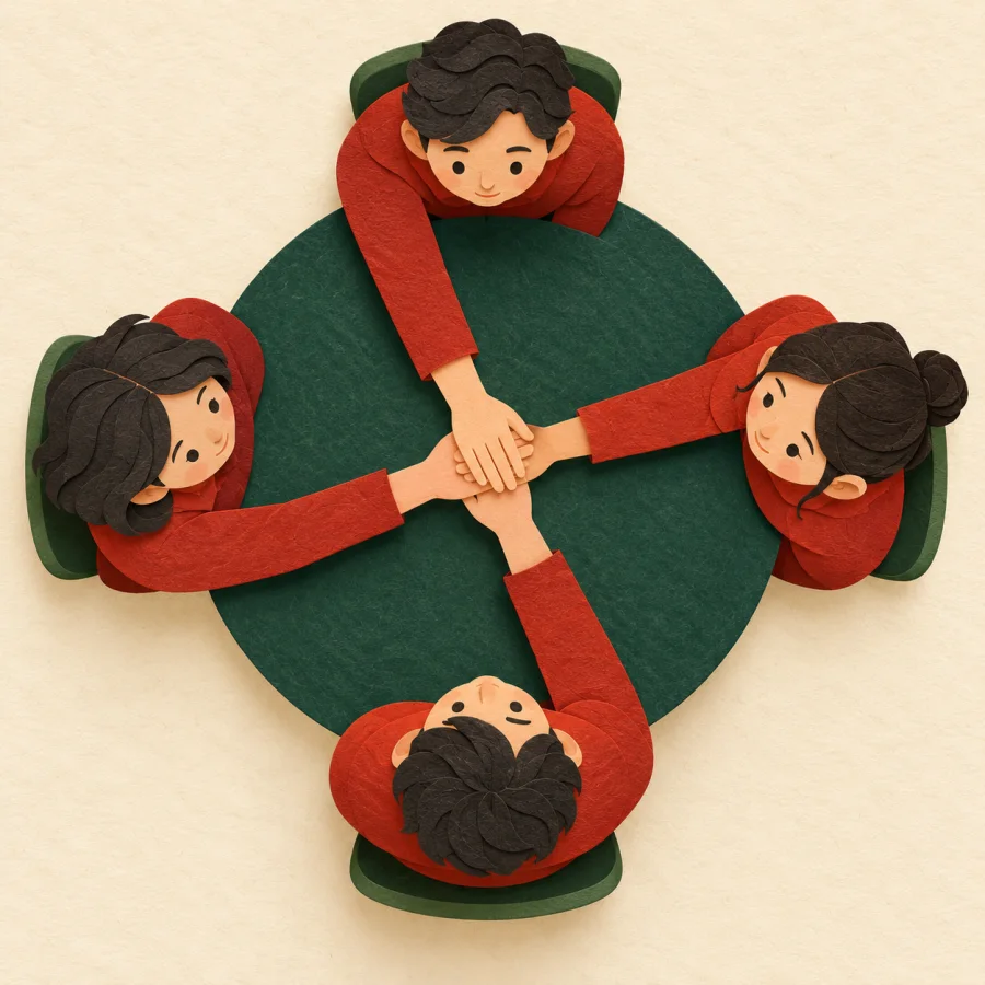 Four people stack their hands together at a table.