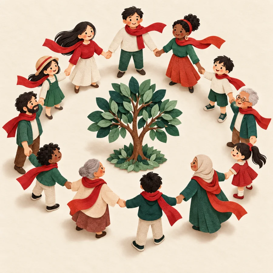 People of different ages hold hands around a small tree.