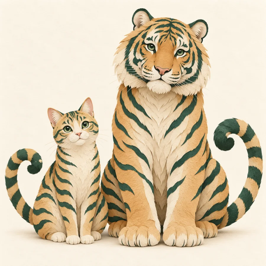A small cat and a big tiger sit side by side, both striped.