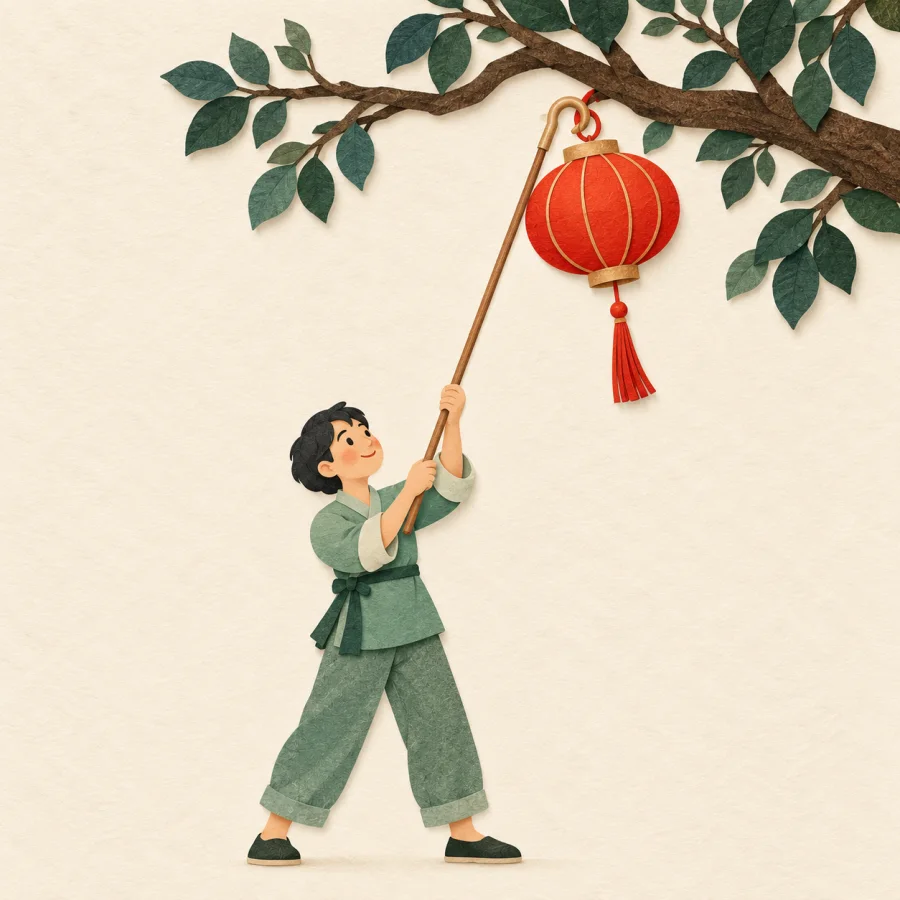 A person pulls down a red lantern with a hooked pole.