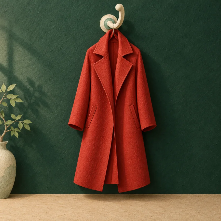 A red coat hangs from a large curved hook.