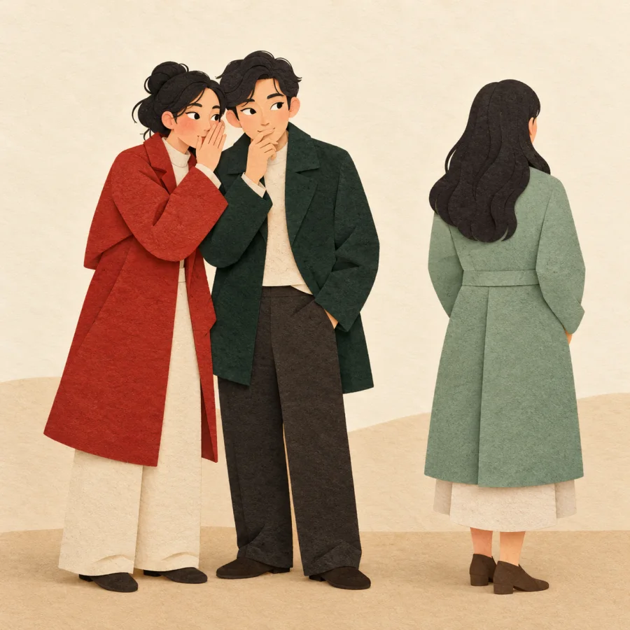 Two people whisper behind a hand while a third has his back turned.