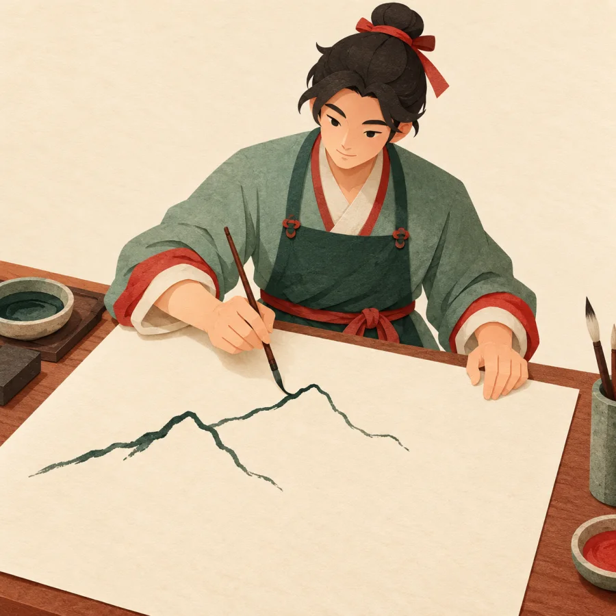 A painter draws the outline of a mountain on paper.
