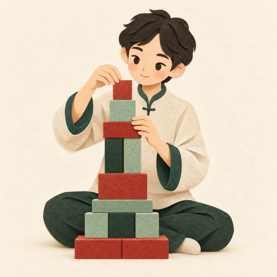 A person stacks blocks into a tall, stable tower.