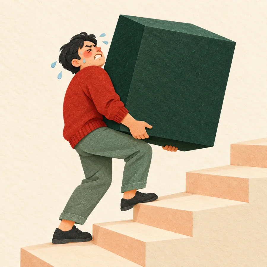 A person struggles to carry a huge box up the stairs.