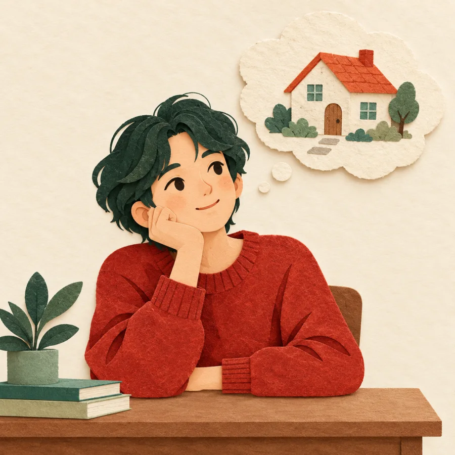 A person rests their chin on a hand, thinking of a house sketch.