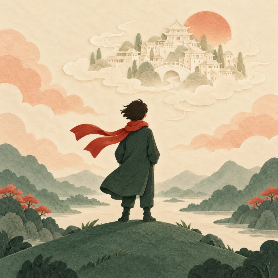 A person on a hill gazes at a faint town outline in the sky.