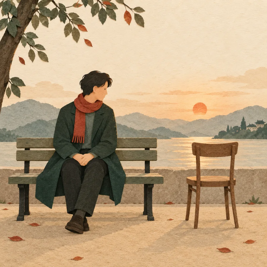 A person sits alone on a bench beside an empty chair.