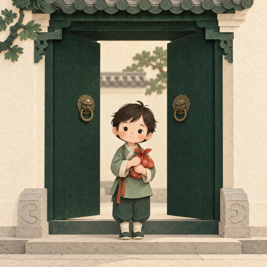 A small child with a bundle stands alone at a big door.