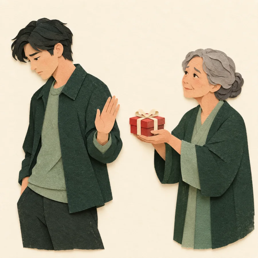 A person looks away, head bowed, from an elder holding a gift.