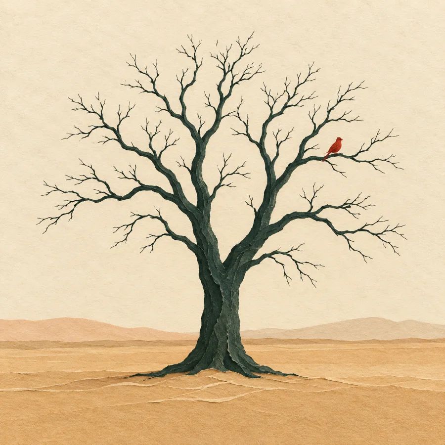 A lone bare tree stands in the middle of an empty field.