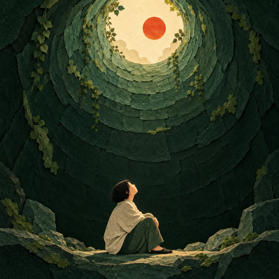 A person at the bottom of a well looks up at a circle of sky.