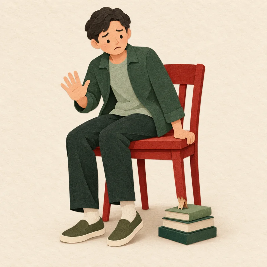 A person cautiously sits on a chair with a propped-up broken leg.