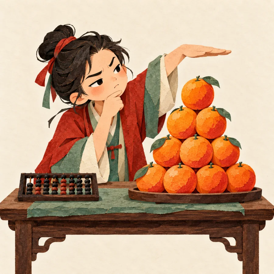 A person squints at a pile of oranges, an abacus beside them.