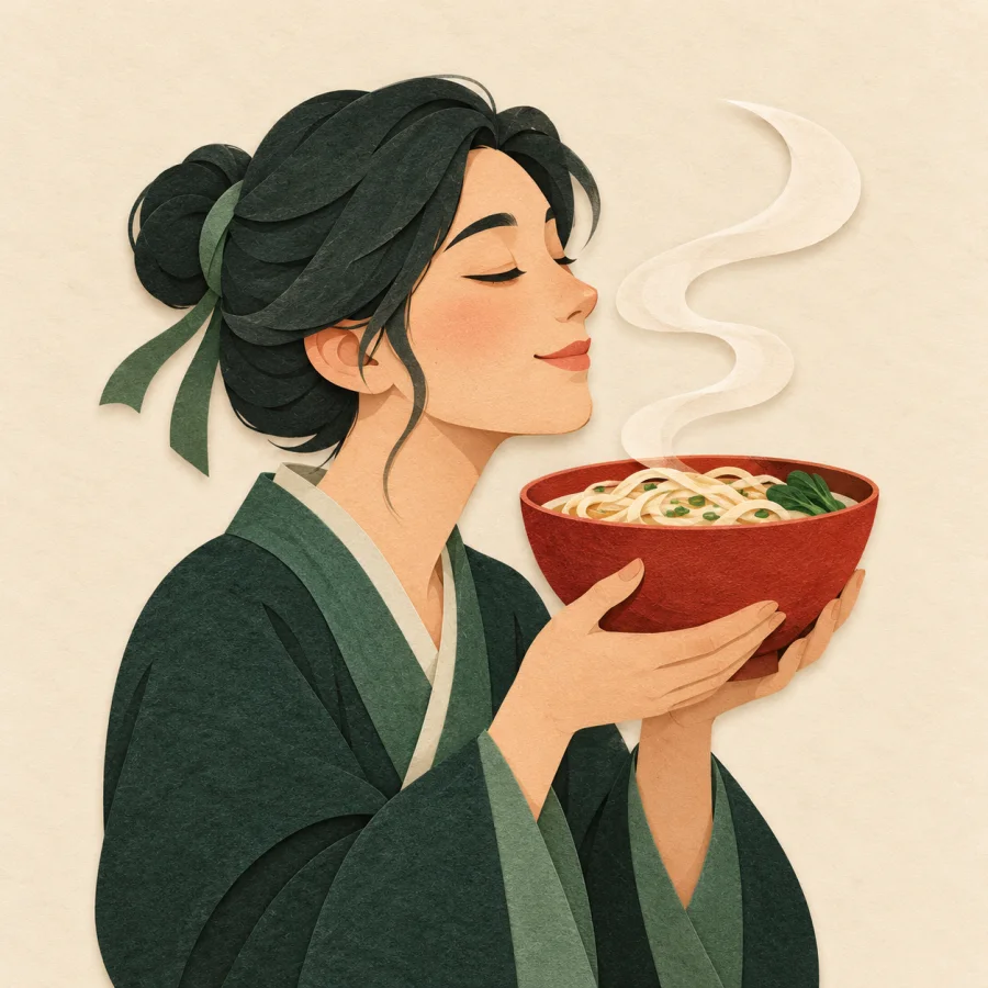 A person with closed eyes breathes in steam from a noodle bowl.