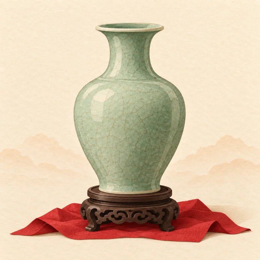 An old porcelain vase on a carved wooden stand.