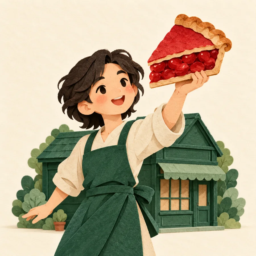 A person proudly holds a large slice of a round pie.