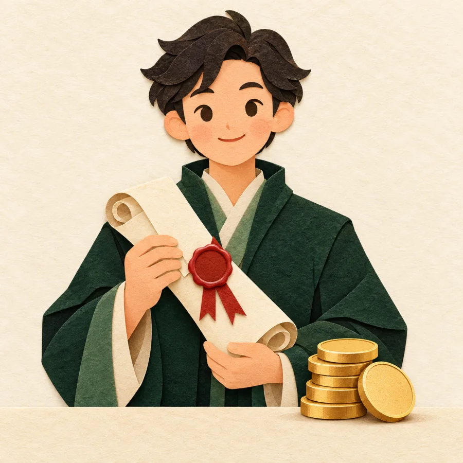 A person holds a sealed scroll beside a stack of coins.