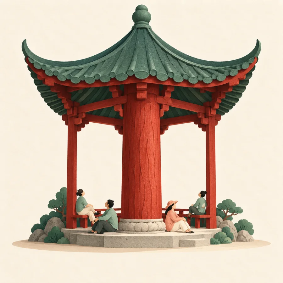 A sturdy pillar holds up a pavilion roof over resting people.