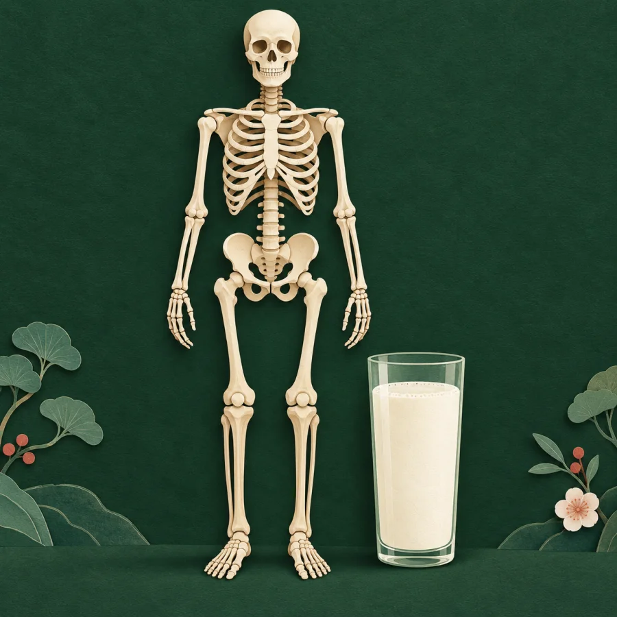 A skeleton stands upright beside a glass of milk.