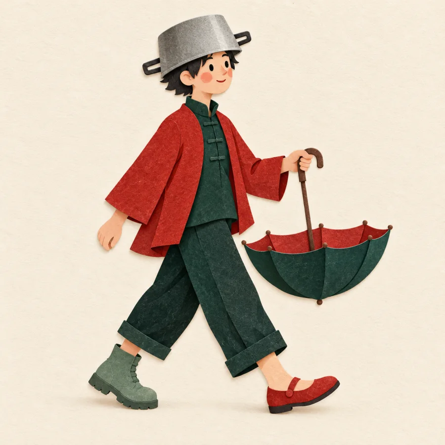 A person wearing a pot as a hat walks with an upside-down umbrella.