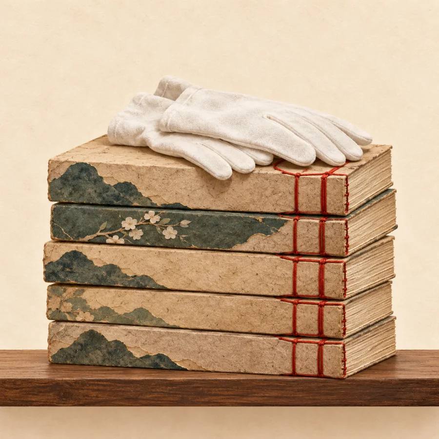 A stack of old thread-bound books with white gloves on top.