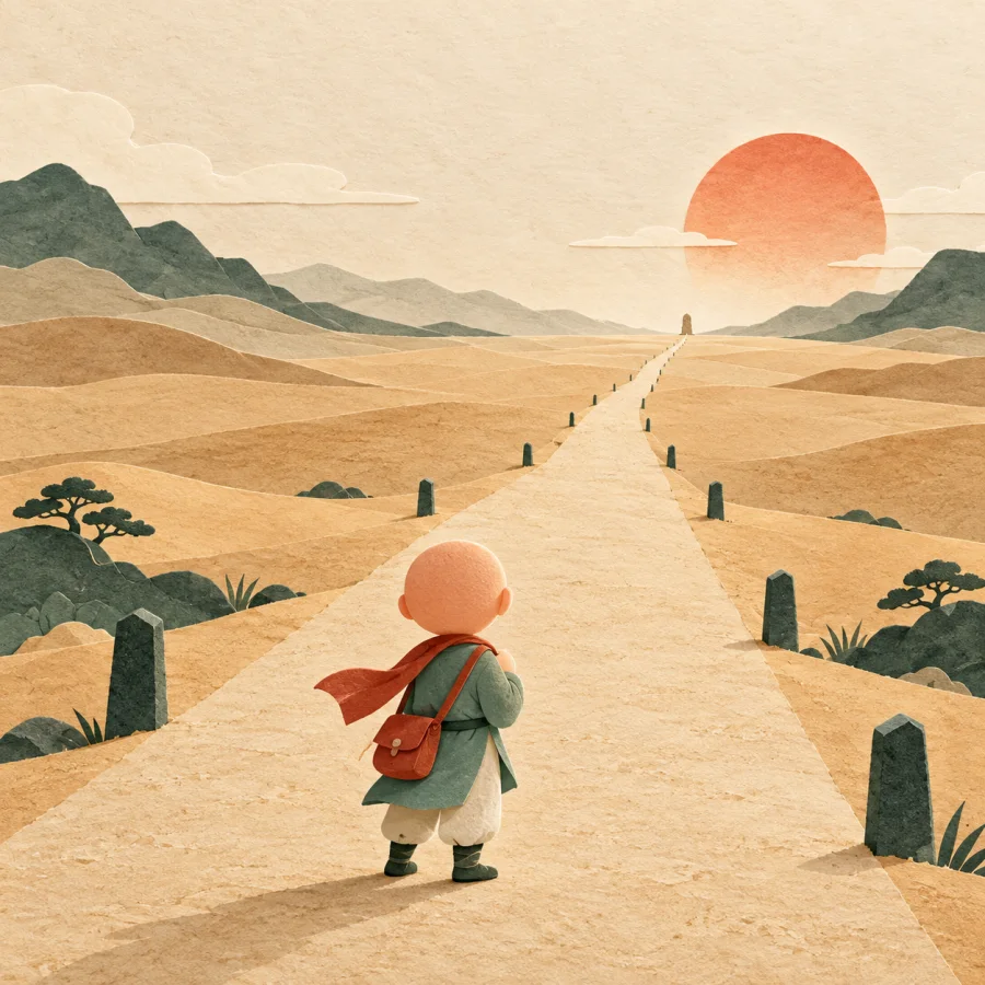 A traveler near a road marker