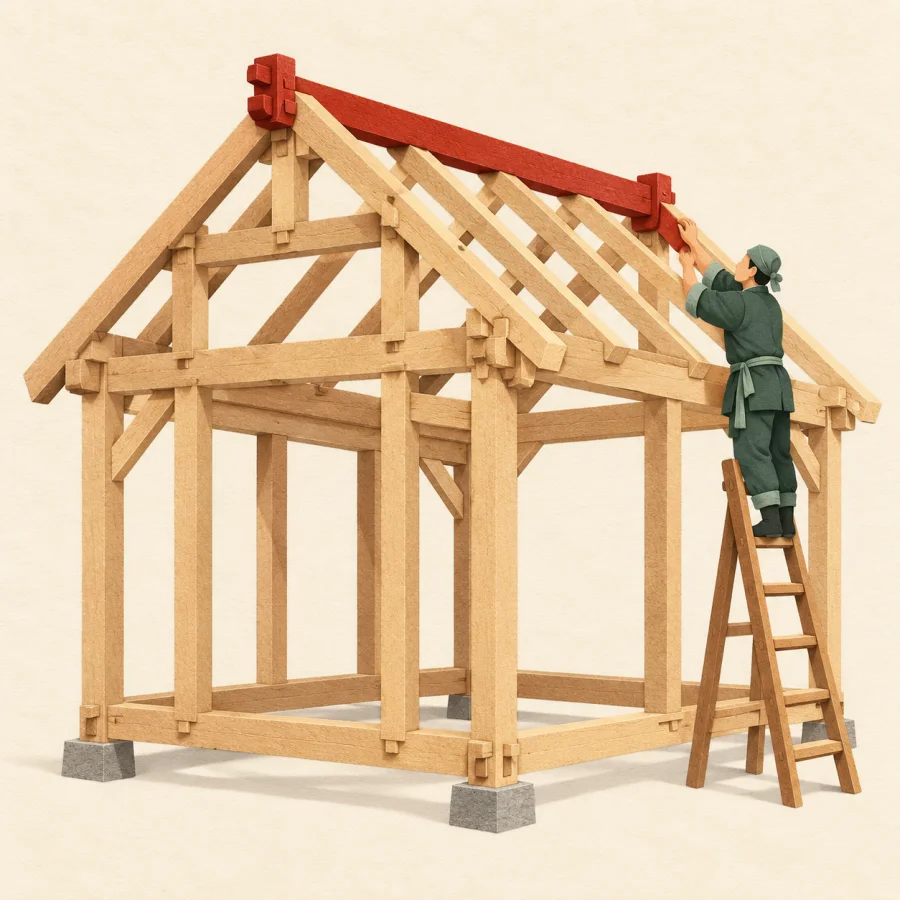 The bare wooden frame of a house with a builder on a ladder.