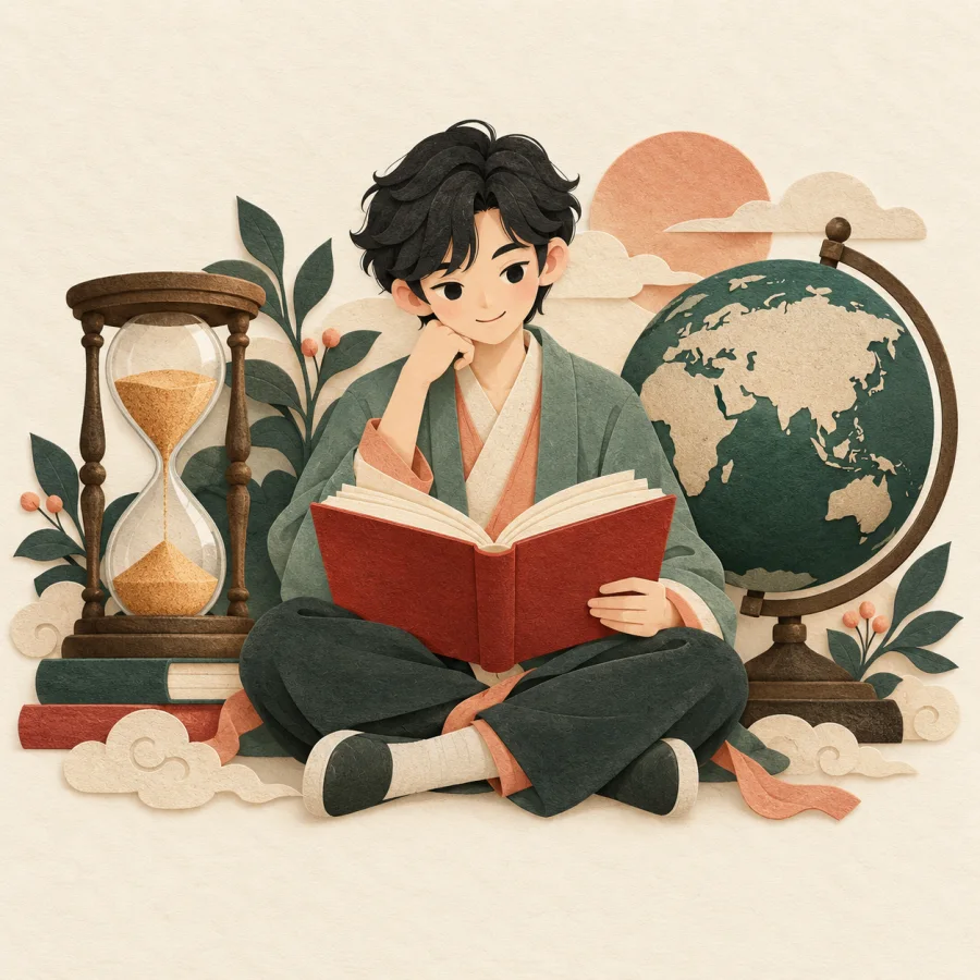 A person reads a book between an hourglass and a globe.