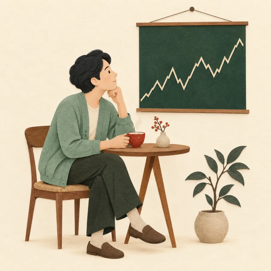 A person with tea watches a wall chart with a jagged line.
