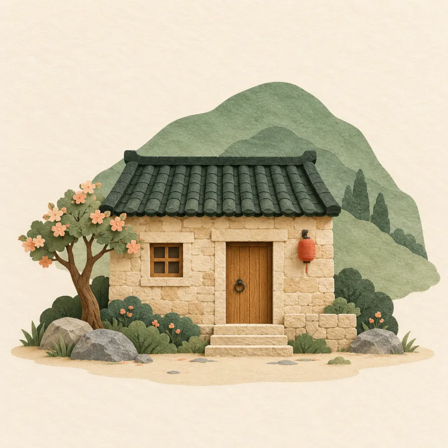 A stone house with a plain tiled roof at the foot of a hill.