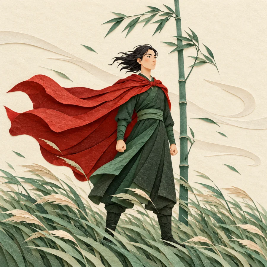 A person stands upright in the wind before a straight bamboo.