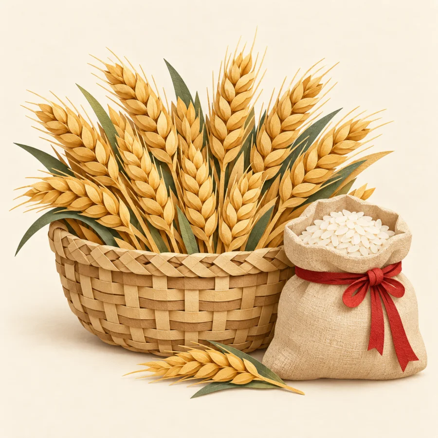 A woven basket of golden wheat ears and a small sack of rice.