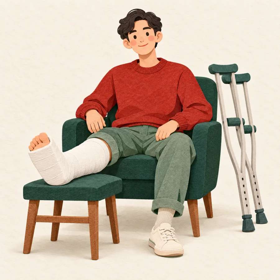 A person sits with a leg in a cast, crutches beside them.