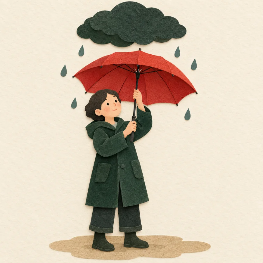 A person opens a red umbrella under a dark rain cloud.