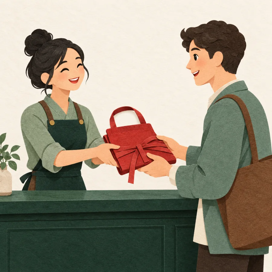 A shop owner hands an apron to a smiling newcomer.