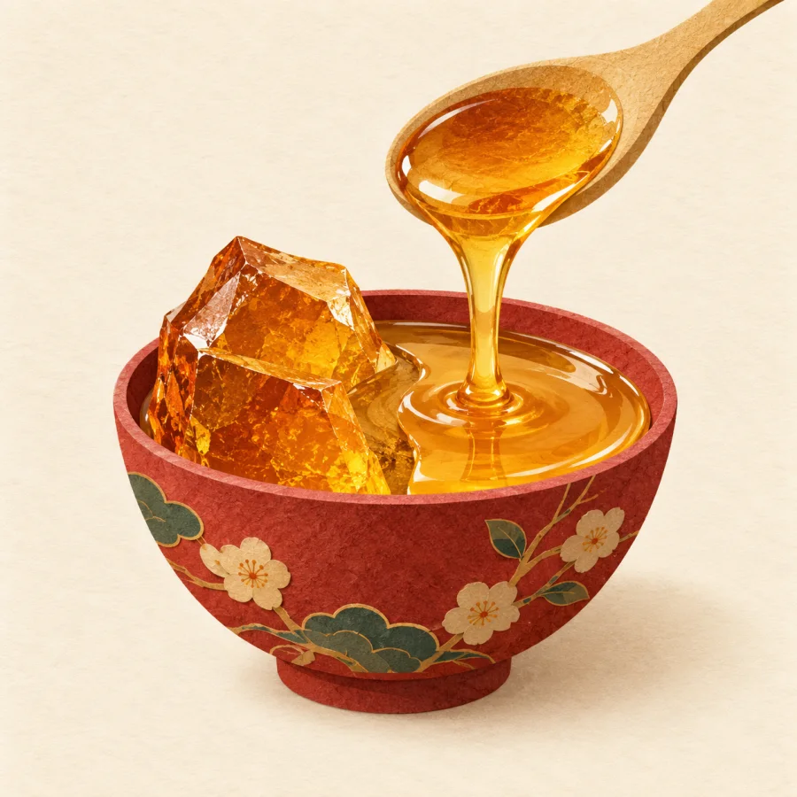 Golden syrup drips into a cup, half already hardened.