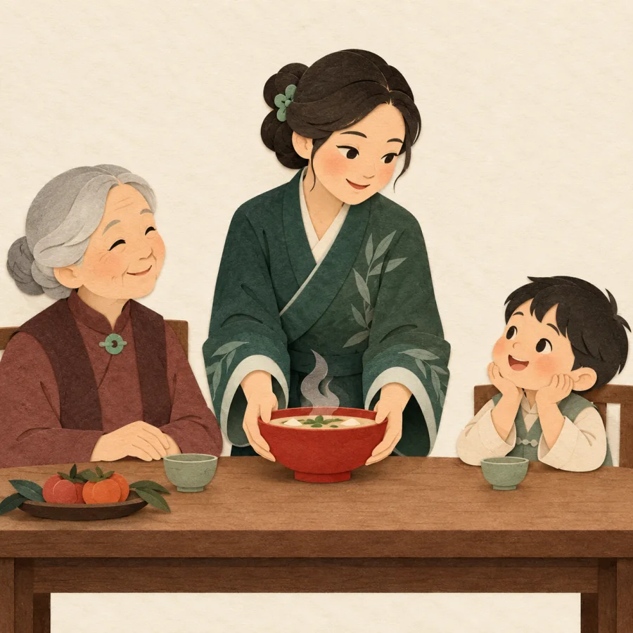 A person serves an elder a bowl while glancing at a small child.