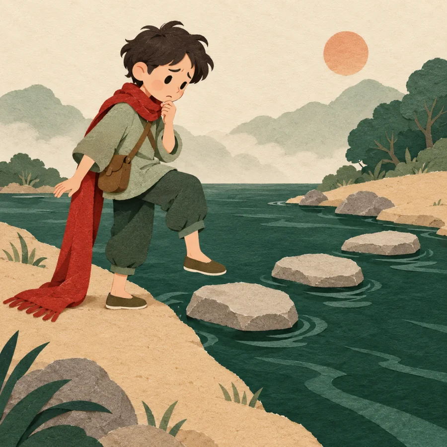 A worried person hesitates at a stream above stepping stones.