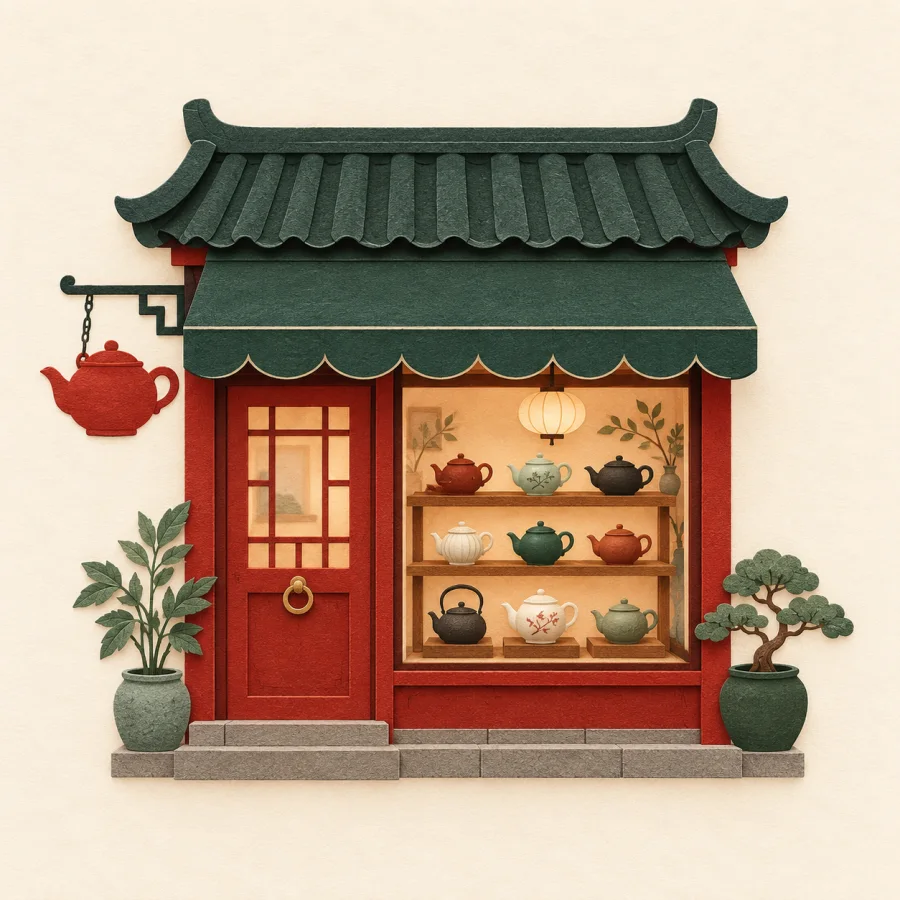 A shop with a teapot-shaped sign and shelves of teapots.