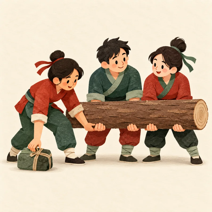 A person sets down their bundle to help lift a big log.