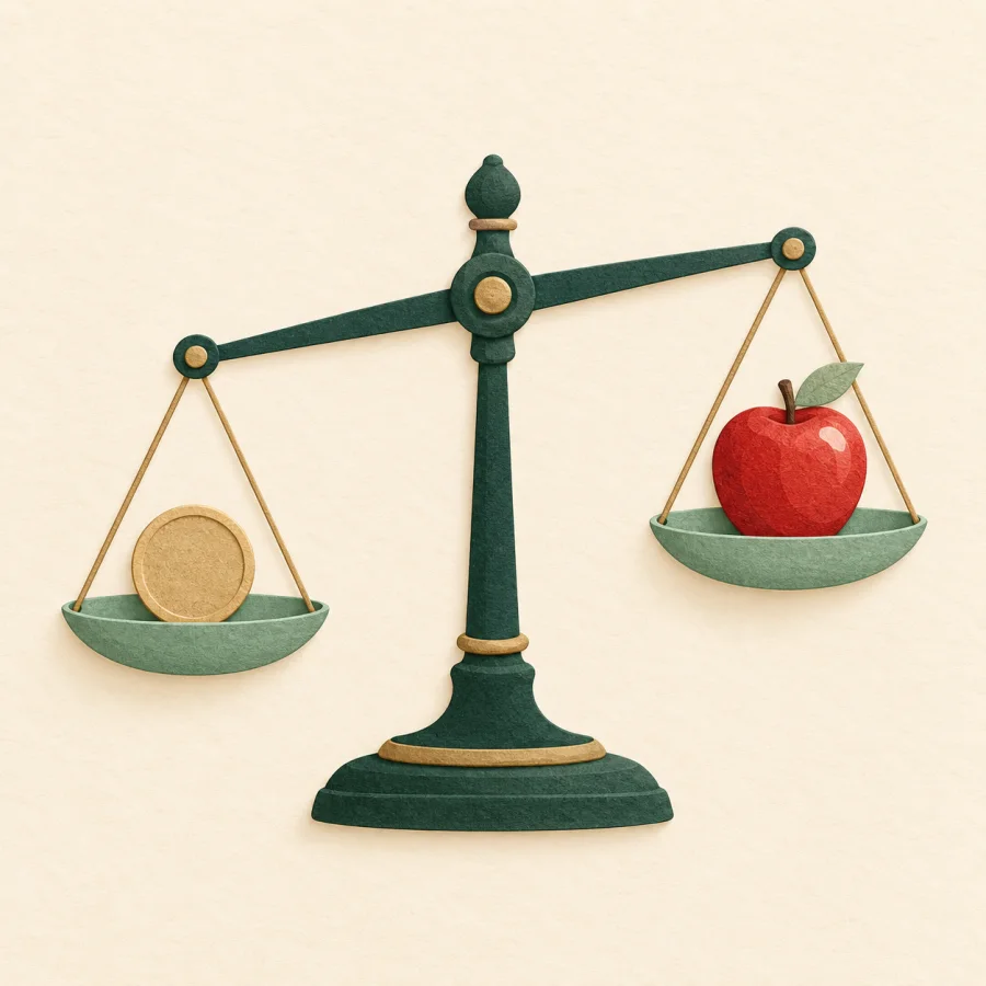 A scale with a coin in one pan and an apple in the other.