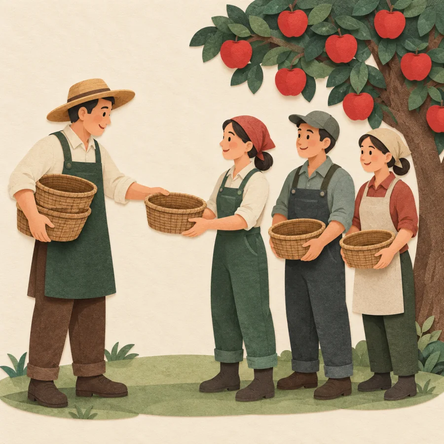 A farm owner hands baskets to workers beside an apple tree.