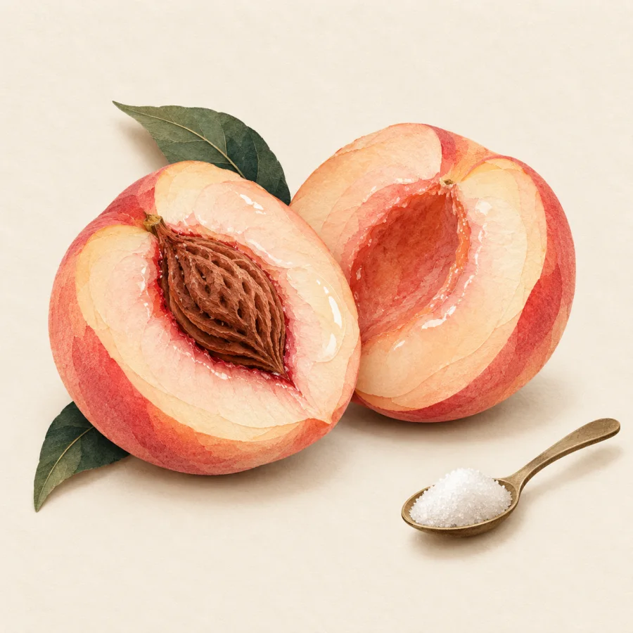 A halved ripe peach with an untouched spoon of sugar.